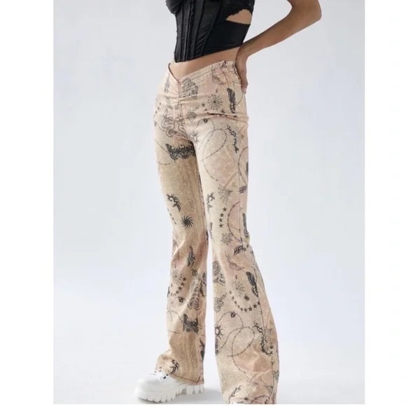 BDG flare pants jeans Print Ruched V-Front butterflies snake tattoo spooky - Picture 1 of 11